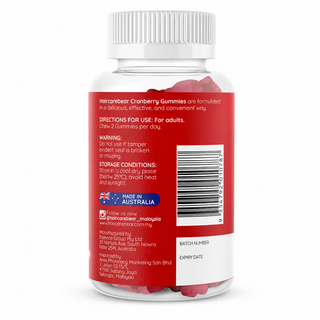 Haircarebear Cranberry Gummies 60s side panel with supplement facts